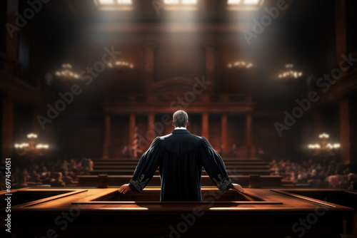 A judge presiding over a courtroom, embodying the principles of justice, impartiality, and legal expertise in the judicial system. Concept of legal integrity. Generative Ai.