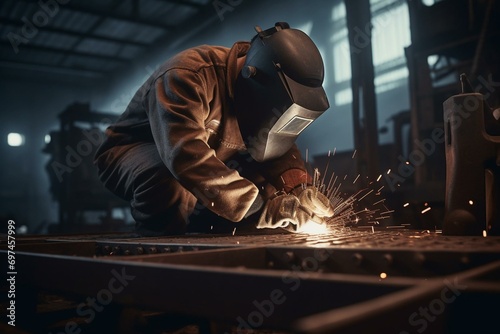 Welder fusing steel parts for ship hull. Generative AI