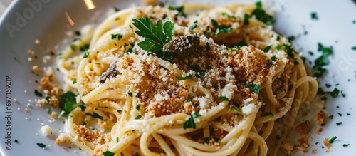 Italian pasta with breadcrumbs, parmesan, anchovy white wine sauce