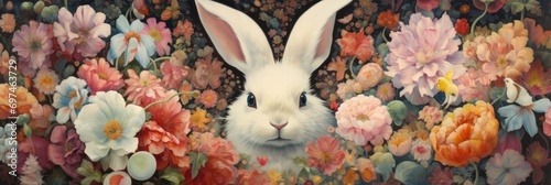 painting of a white rabbit with flowers, generative AI