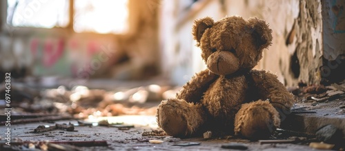 Sad broken teddy bear toy with missing head
