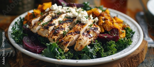 Grilled chicken salad with kale, beets, and goat cheese.