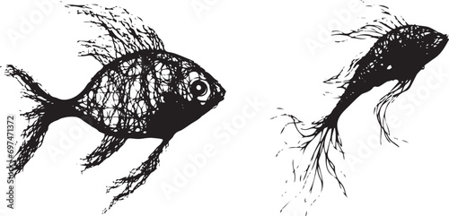 Hand drawn sketch of a fish with a pencil silhouette vector illustration