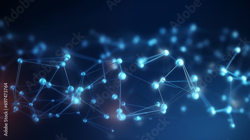 Abstract digital background with molecules and lines on a dark blue background. Technology Network Background, banner 