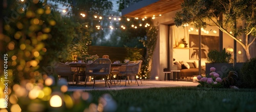 Cozy summer evening in modern residential backyard with outdoor lights, plants, and dining area.