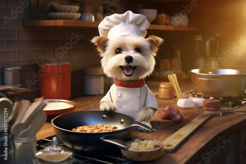 3D character illustration of dog chef in the kitchen