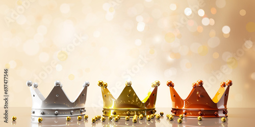 Three gold shiny crowns on festive background.3d illustration.