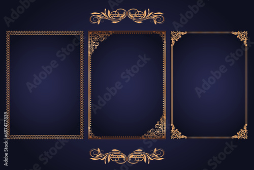 Gold decorative frame with golden frame. Golden frame on luxury blue background.