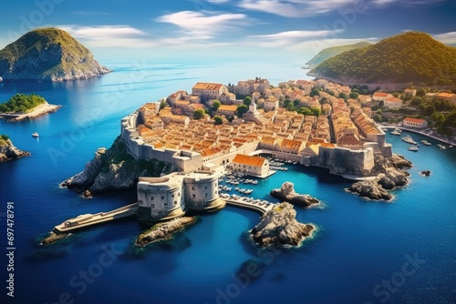 Dubrovnik old town on the Adriatic Sea in Croatia, Dubrovnik landscape, / Aerial view of the famous European travel destination in Croatia, Dubrovnik old town, AI Generated