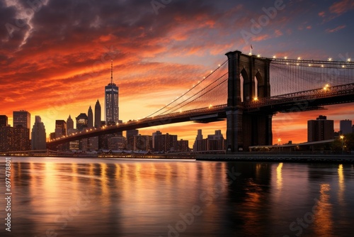 Brooklyn Bridge and Manhattan skyline at sunset, New York City, USA, East River overlooking Manhattan and the Brooklyn Bridge, New York, USA, AI Generated