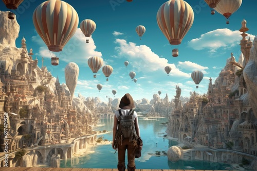 Woman looking at fantasy landscape and hot air balloons flying in the sky, Experience different travel destinations from a human rear view perspective, AI Generated
