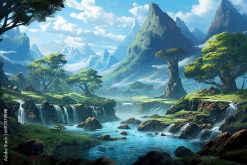 Fantasy landscape with a waterfall, trees and mountains in the background, Fantasy Landscape Game Art, AI Generated