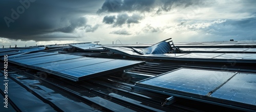 Hurricane damage to solar panels on industrial building affecting green power production.