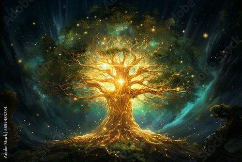 A majestic and illuminated tree that embodies divinity, radiating a sparkling and enchanting glow, symbolizing the cosmic tree of life. Generative AI