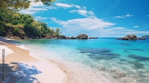 Generative AI : Nature landscape view of beautiful tropical beach and sea in sunny day.