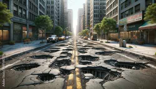 A wide-view image of a city street in very poor condition, riddled with potholes and damaged asphalt.