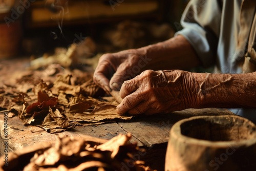 Closeup of hands making cigar from tobacco leaves