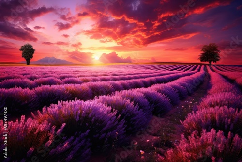 Beautiful sunset over lavender field in Provence, France, A beautiful lavender field against the backdrop of a dramatic sunset, AI Generated