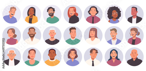 Collection of avatars of happy business people in a circle. Happy business men and women