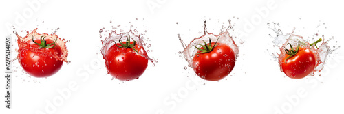 Set of A vibrant tomato suspended in mid-air with droplets of water, capturing transparent or white background.