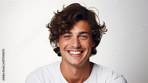 Young handsome male model man wearing white shirt smiling in studio shot on white background created with Generative AI Technology