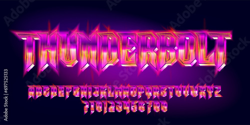 Thunderbolt alphabet font. Glowing neon letters and numbers in heavy metal style. Retro typescript for your typography design.