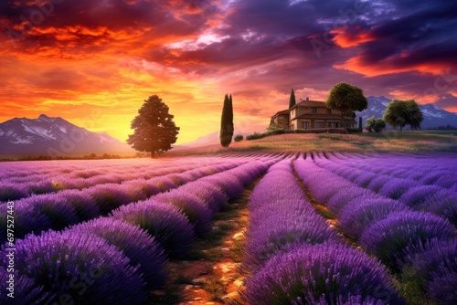 Lavender field at sunset in Provence, France, A captivating sunset over a picturesque lavender field, AI Generated