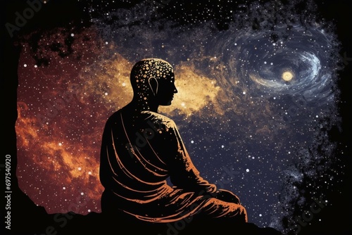 Meditating Buddha in a cosmic universe, monk pondering spirituality. Illustrated Buddhism. Keywords: meditation, cosmos, monk, spirituality, Buddhism, contemplation, universe,. Generative AI