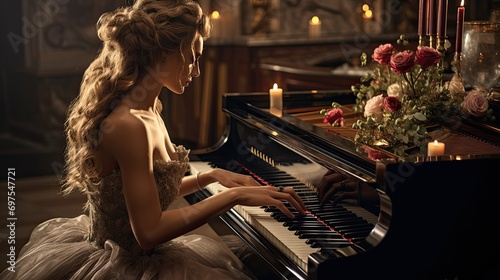 Image of woman pianist dressed in white classical dress with flowers on piano playing classical music. Music banner