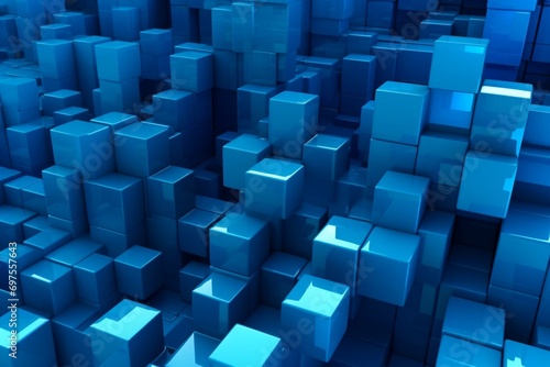 Translucent blocks arranged precisely on a blue tech wallpaper. Generative AI