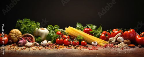 Italian food background on black stone board. Pasta, fresh tomatoes, basil, garlic, spices. Top view with copy space
