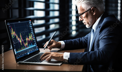 Close-up of businessman working on laptop computer with stock market chart on screen. smart working. analyzing investment charts with laptop. Business and financial concept