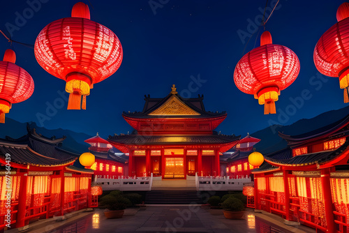 chinese temple at night,Chinese red Lanterns in temple, happy Lunar New Year holiday. estivities Photograph of Chinese new year 