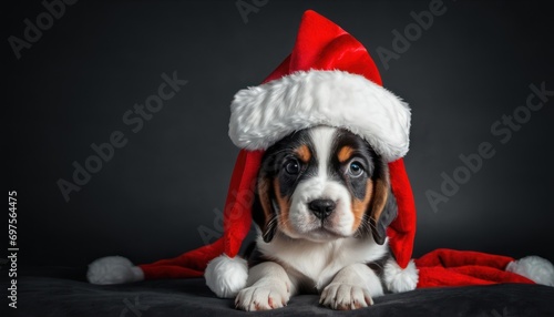  a close up of a dog wearing a santa hat on top of a black blanket with pom pom pom pom poms on it's ears.