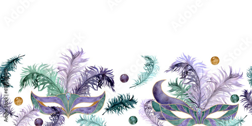 Hand drawn watercolor Mardi Gras carnival symbols. Theater masquerade circus mask feathers beads, gold purple green. Seamless banner isolated on white background. Design party invitation, print, shop