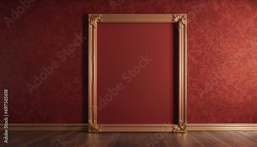  an empty picture frame in front of a red wall with a wooden floor in a room with a wooden floor and a red wall with a gold framed picture frame.