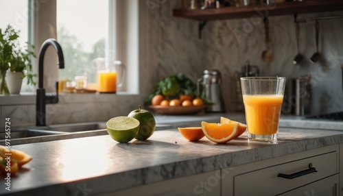  a glass of orange juice sitting on top of a kitchen counter next to sliced oranges and an avocado on a counter top next to a faucet.