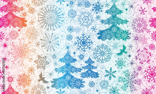 Vector hand drawn Christmas rainbow gradient seamless pattern with snowflakes and stars and trees and birds on a white background