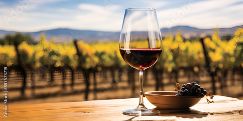 Glass of american wine on the table with beautiful background, glass of wine on a table in a vineyard., Red wine with sunset time