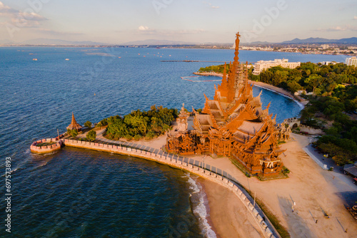 The Sanctuary of Truth wooden temple in Pattaya Thailand in the evening light during sunset