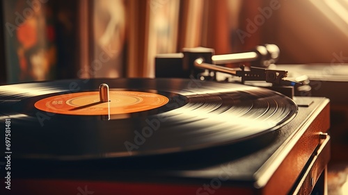 A vinyl record spinning on a turntable with a warm ambiance