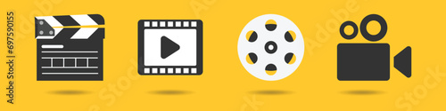 Cinema icon set, Clapper board, Film reel movie and video media or film production line Vector icons on yellow background