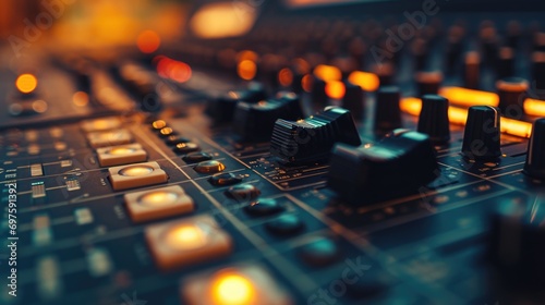 A close up of a sound board in a recording studio. Perfect for music production or audio engineering projects