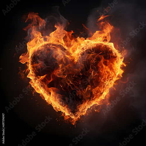 A decorative stone heart is burning on fire, symbolizing love and passion, isolated on a black background in an artistic illustration,