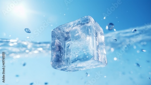 Falling ice cube on a blue background. Frozen water.