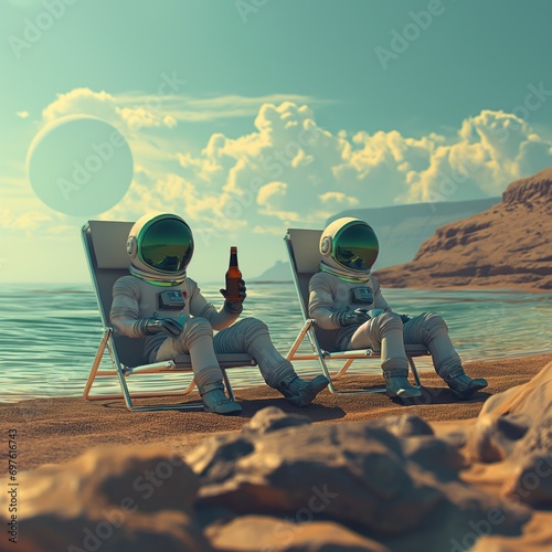 Futuristic illustration of two astronauts chilling on beach chairs against a martian landscape with a beer