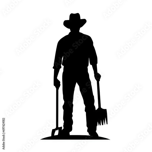 Farmer with mattock in field silhouette AI generative image