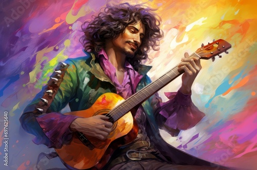 Eccentric Male bard in colorful suit. Smiling musician artist with small guitar. Generate ai