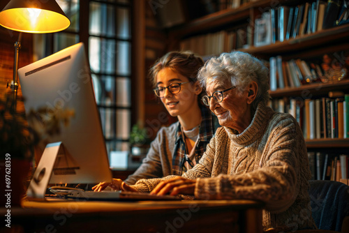 Scene of a young female teaching computer skills to an elderly person. 
