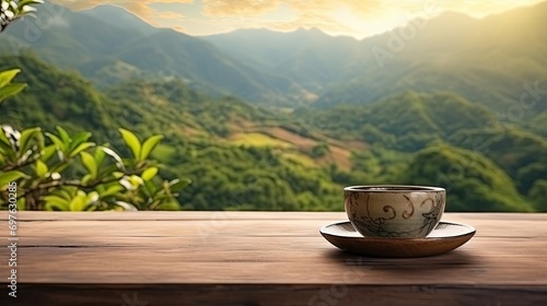 Tea cup with on the wooden table and the tea plantation on blurred background